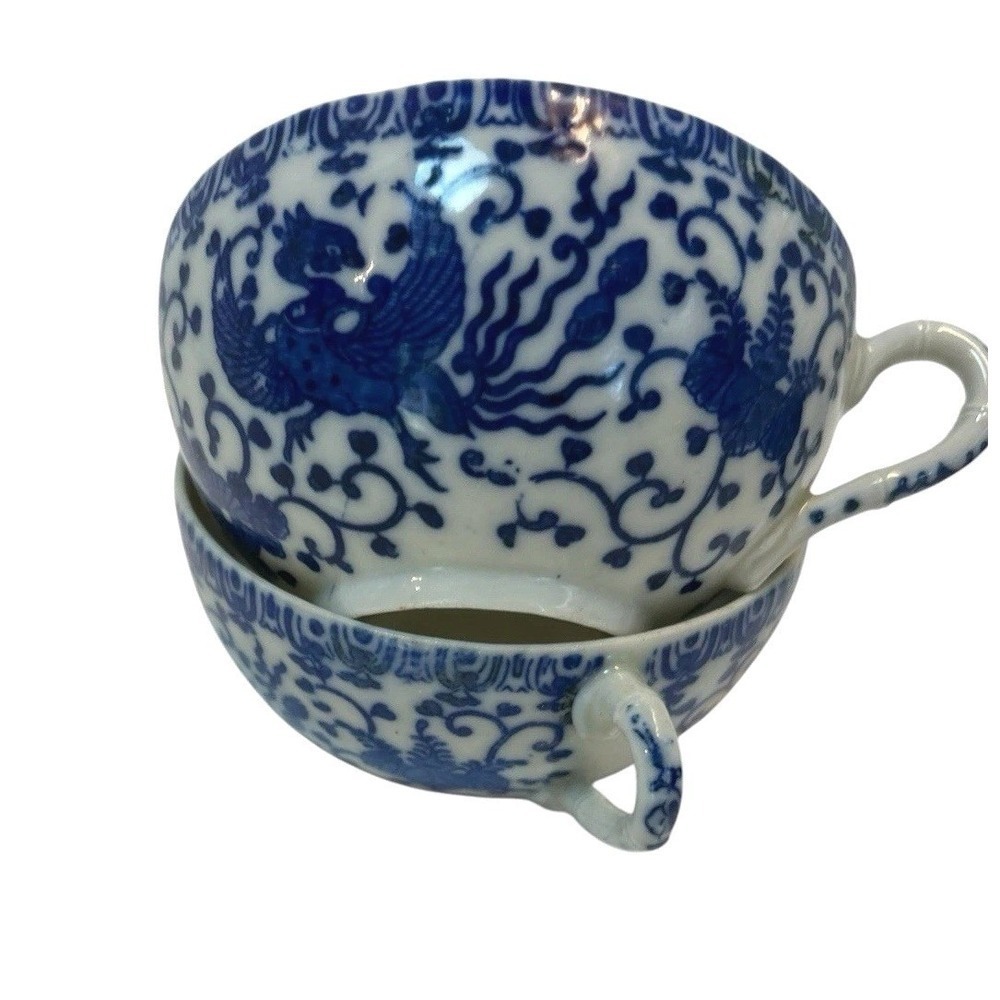 Vintage Japan Blue and White Phoenix Ware Cup and Saucer Set of 2 Whimsical Myth